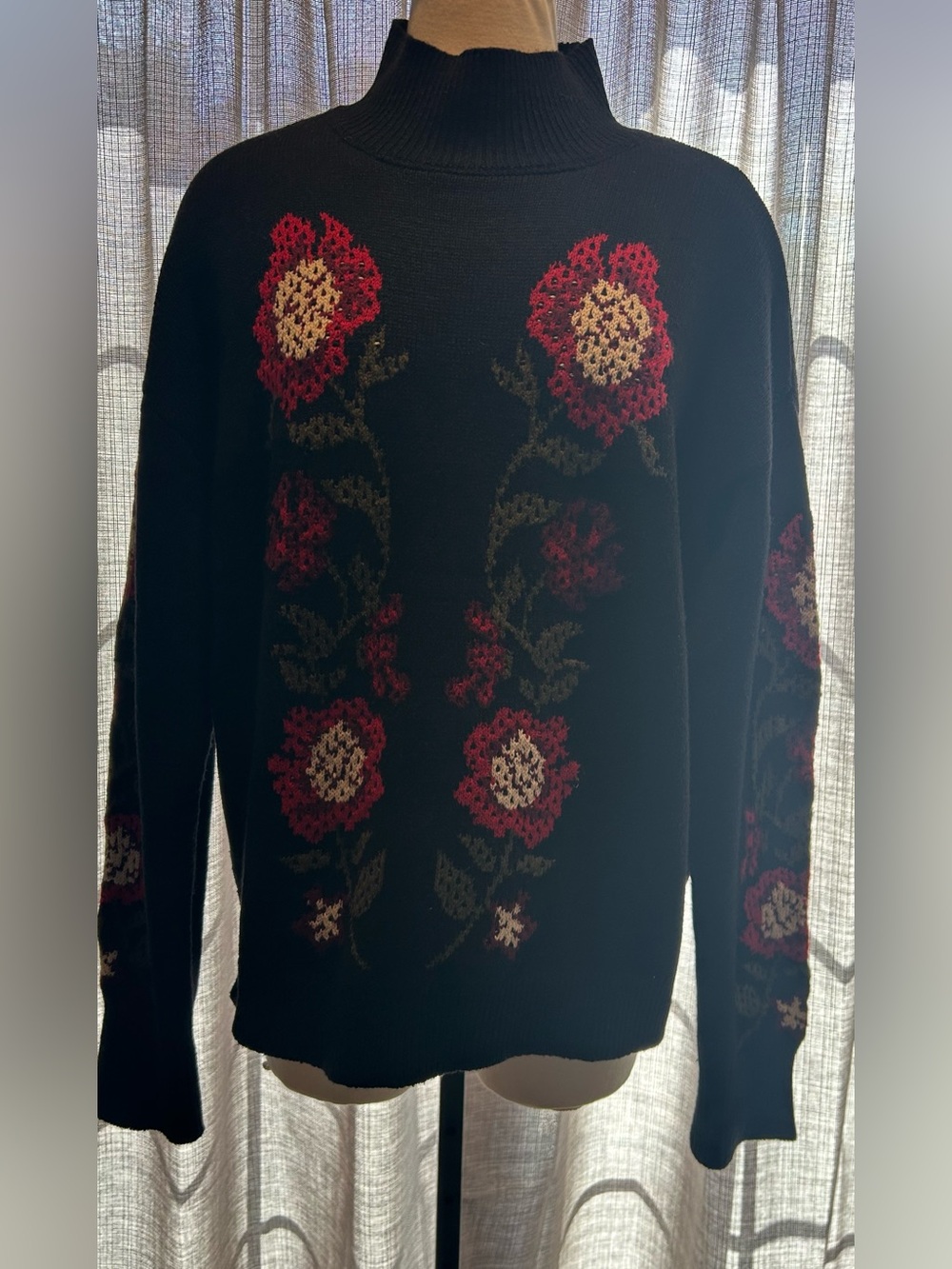 Wonderly Black Turtleneck Sweater with Red and Cream Floral Intarsia